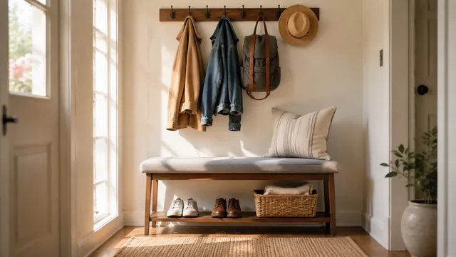 Small entryway sorted with a slim bench and a row of coat hooks in morning light.