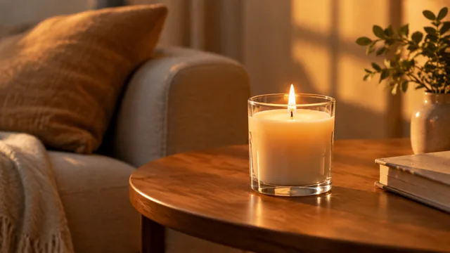 Lit glass candle on a wooden side table in warm evening light.