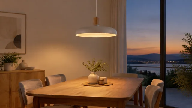 Pendant lamp glowing above a dining table at dusk.