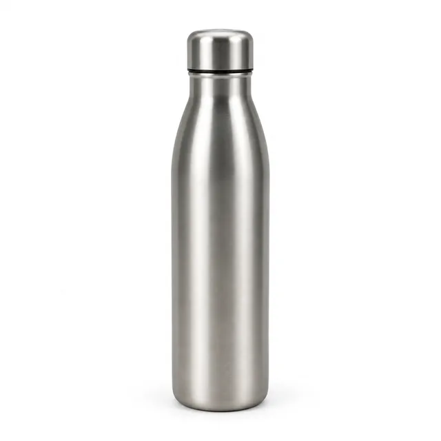 Brushed steel water bottle on a pure white background, soft contact shadow.