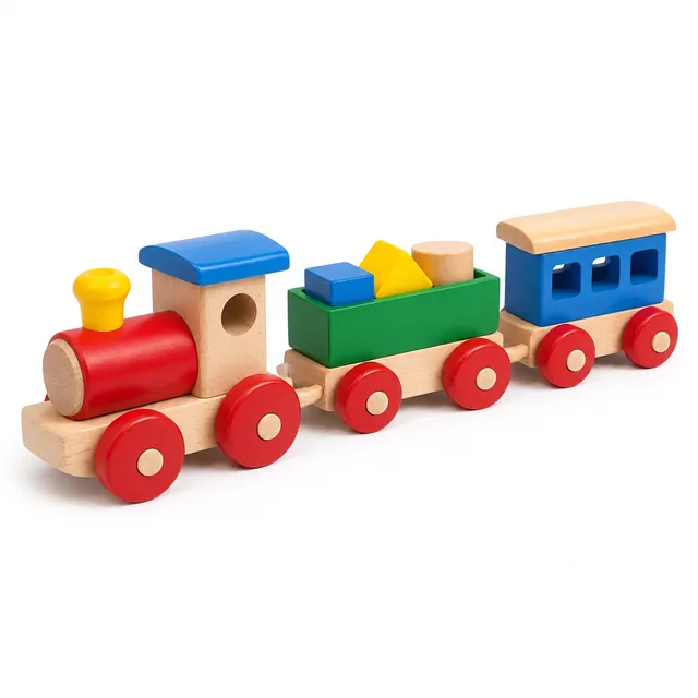 Wooden toy train set on a pure white background.