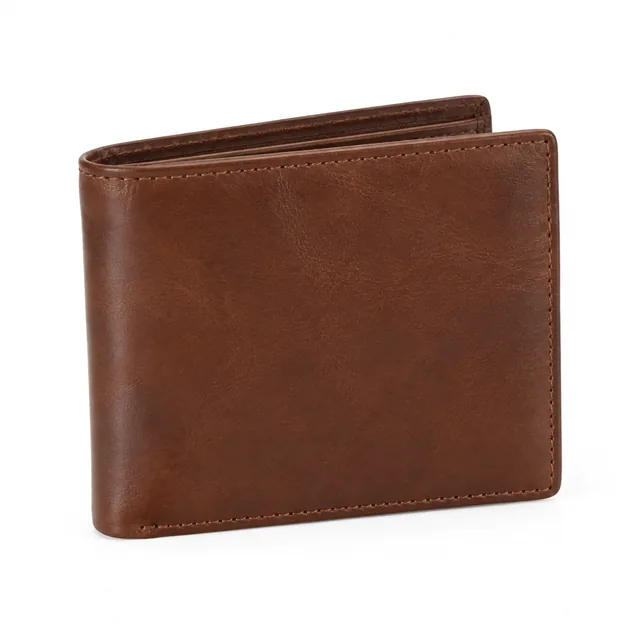 Leather bifold wallet on a clean white background.