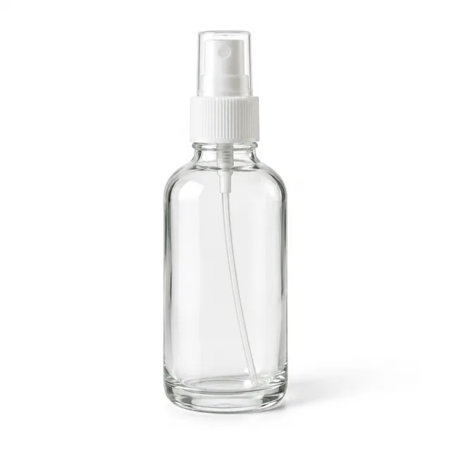Clear glass spray bottle with a soft shadow on a white background.