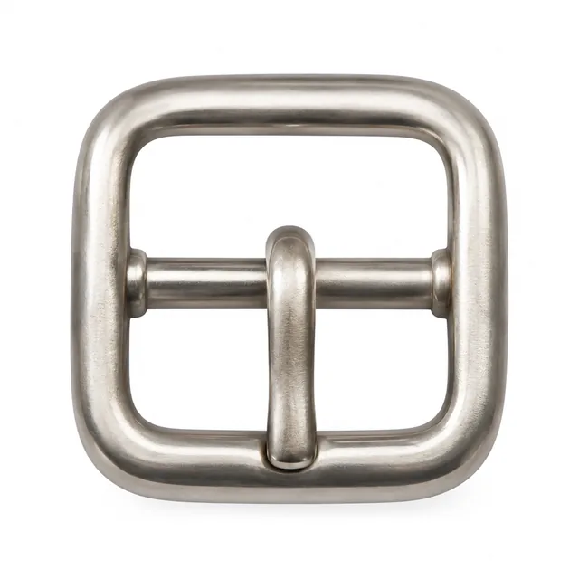 Close crop of a metal bag buckle on a white background.