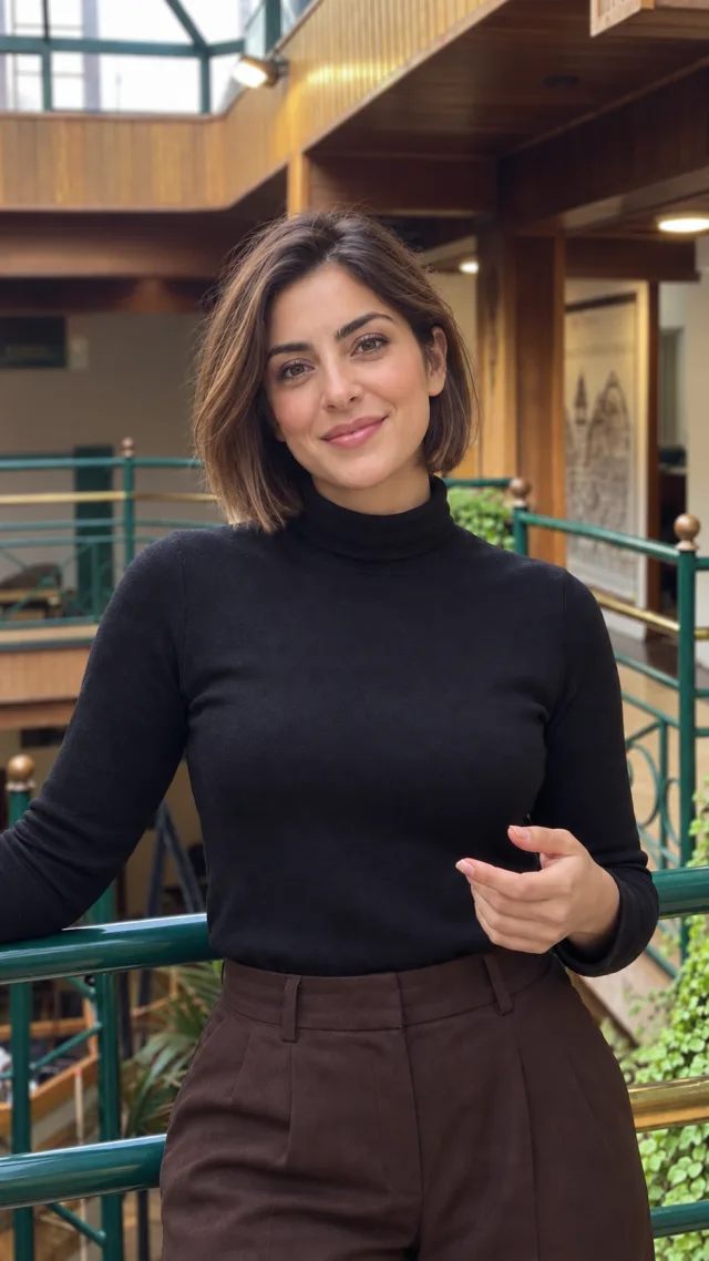 an adult Middle Eastern woman with a light-brown chin-length bob in a cafe speaks to camera with empty hands.