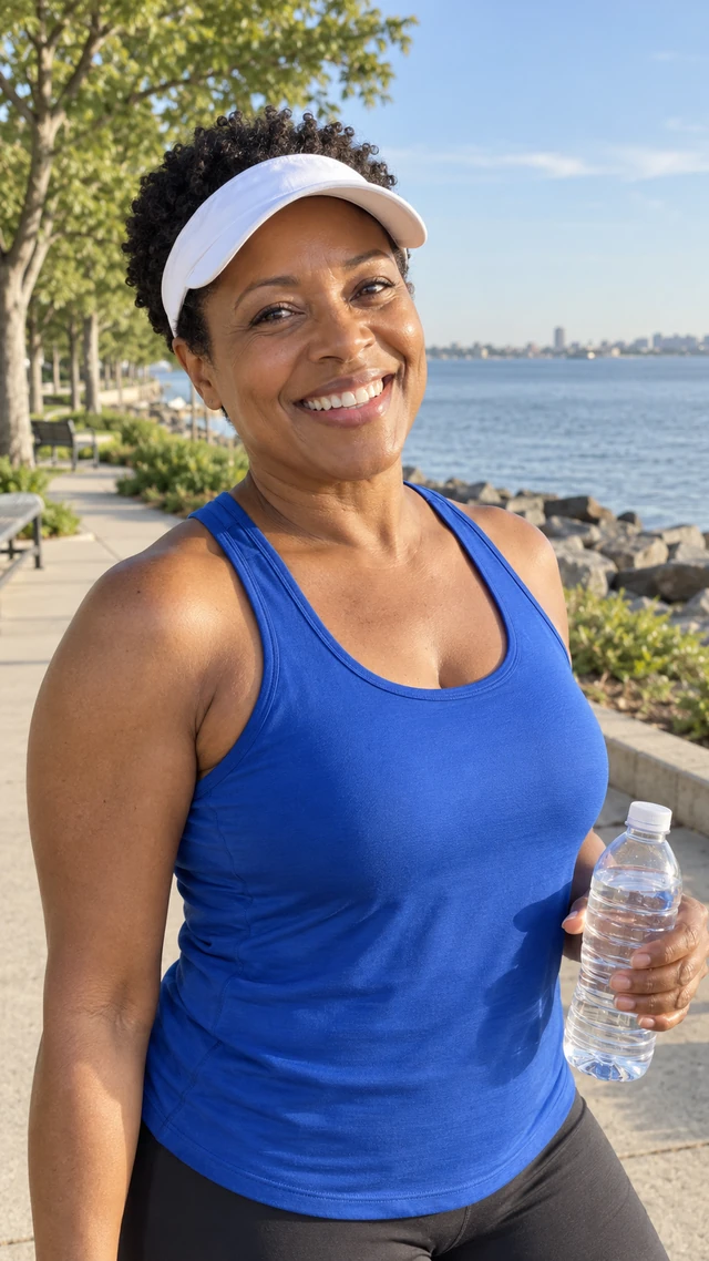 A middle-aged Black woman in a white sun visor and blue athletic tank speaks on a sunny waterfront trail while holding a plain clear water bottle.