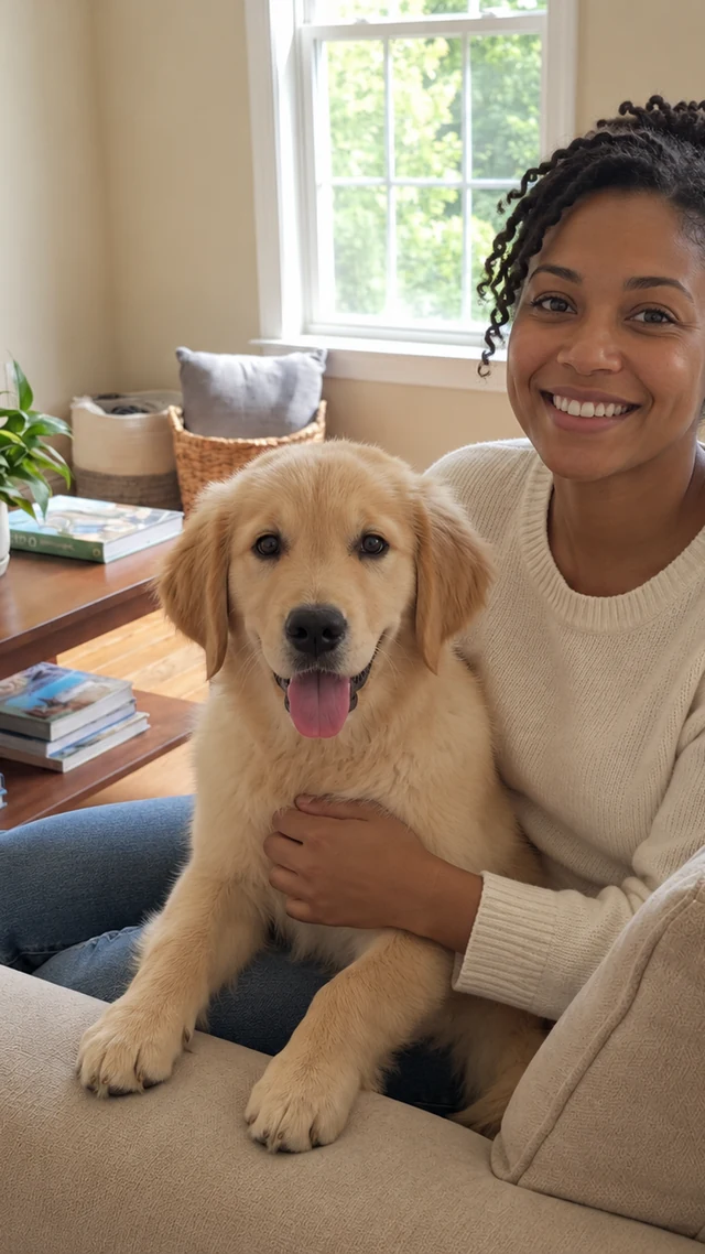 an adult Black woman in her thirties in a pet setting speaks to camera with calm golden retriever.