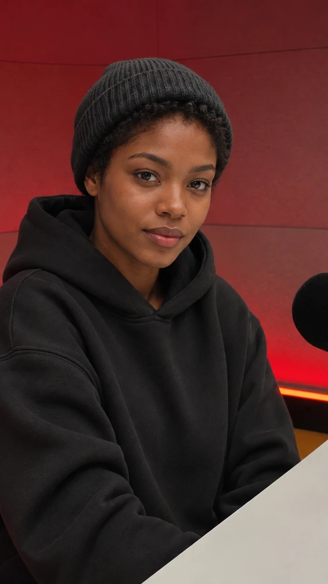 an adult Black woman in her twenties in a podcast setting speaks to camera with empty hands.