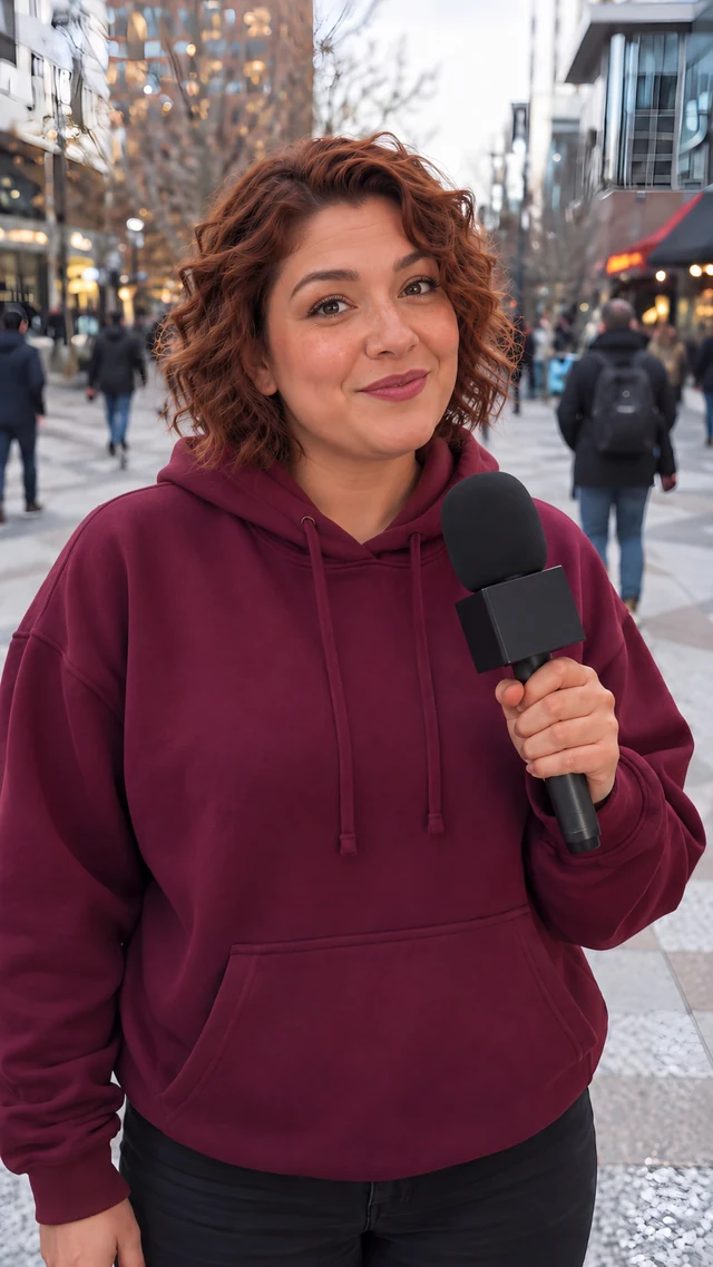 an adult Latina woman in her thirties in a reporting setting speaks to camera with plain black handheld microphone.