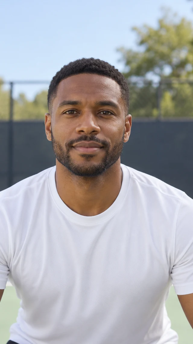 an adult Black man in his thirties in a sports setting speaks to camera with empty hands.