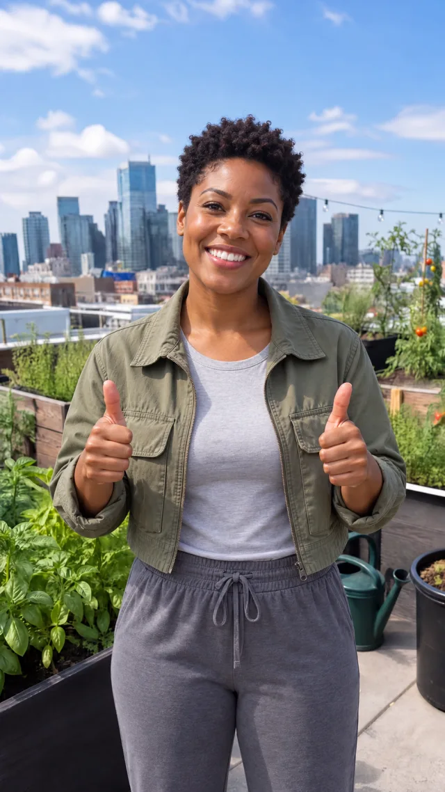 an adult Black woman with short natural curls in a planted rooftop terrace gives two thumbs-up gestures.