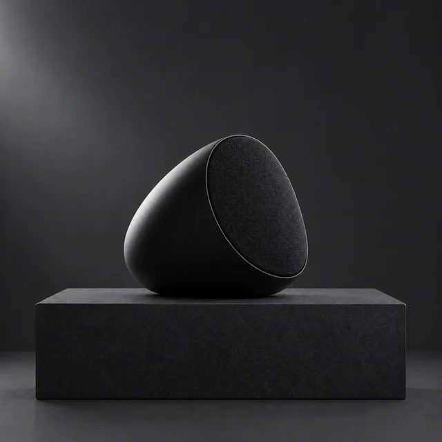 Compact egg-shaped black speaker fully in frame on a dark display plinth.