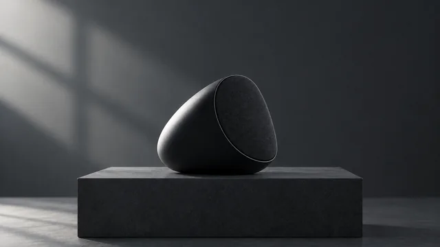 Compact egg-shaped black speaker on a dark plinth in cool side light.