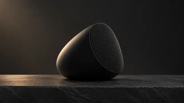 Compact egg-shaped black speaker on a dark stone surface in warm side light.