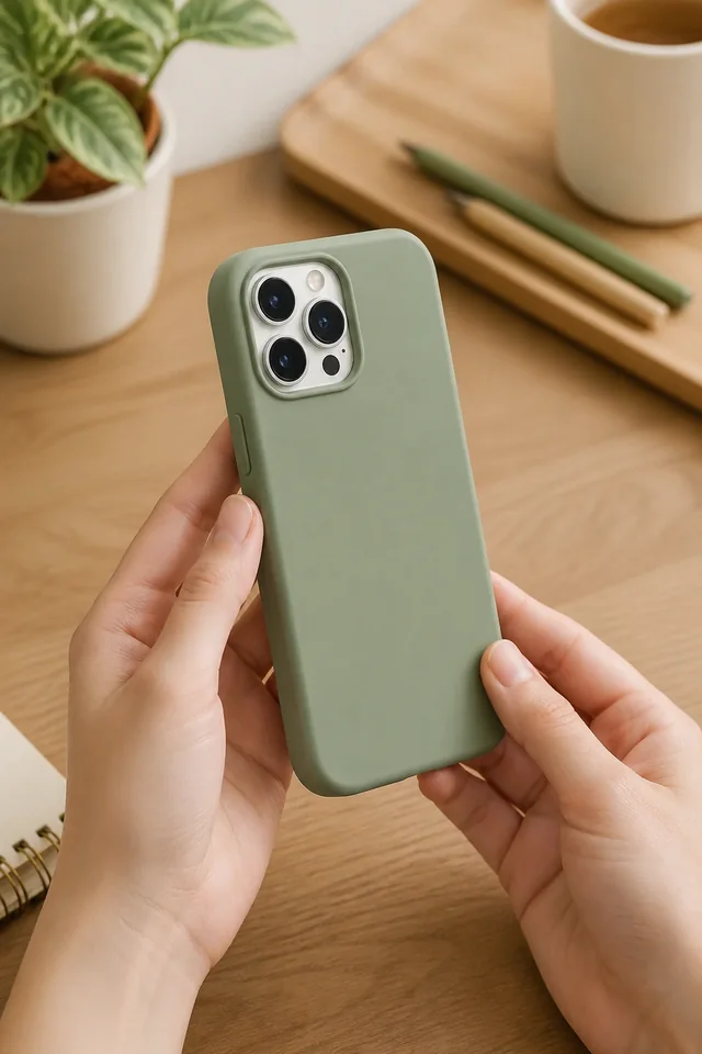 Hands turning a sage phone case over a clean desk.