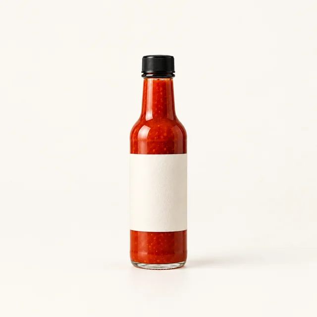 Full hot sauce bottle with black cap and blank cream label on a pale background.
