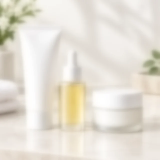 Three-piece skincare set softened so the cleanser, serum, and cream details are hard to inspect.