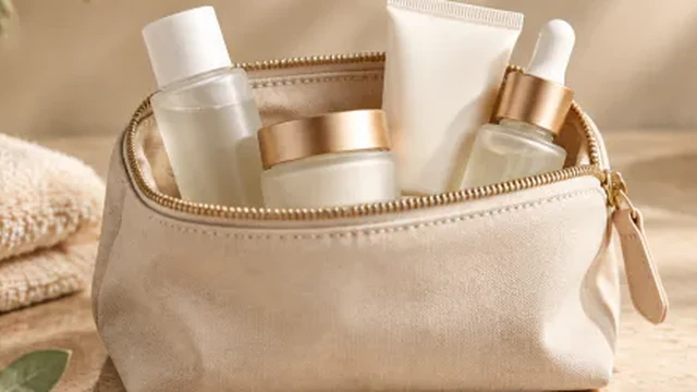 Travel skincare set enlarged until one pouch edge is cut off by the frame.