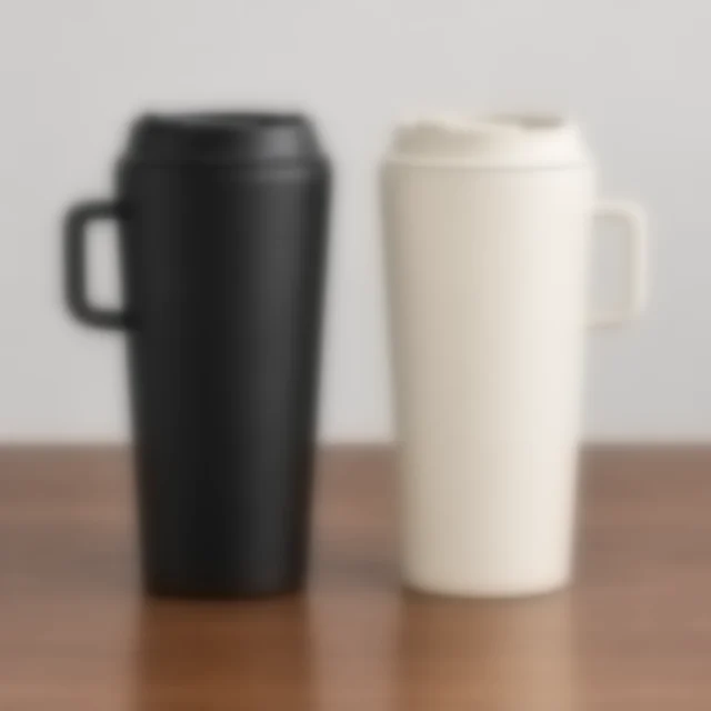 Matte black and warm cream tumblers softened by blur so their lids and finish are hard to inspect.