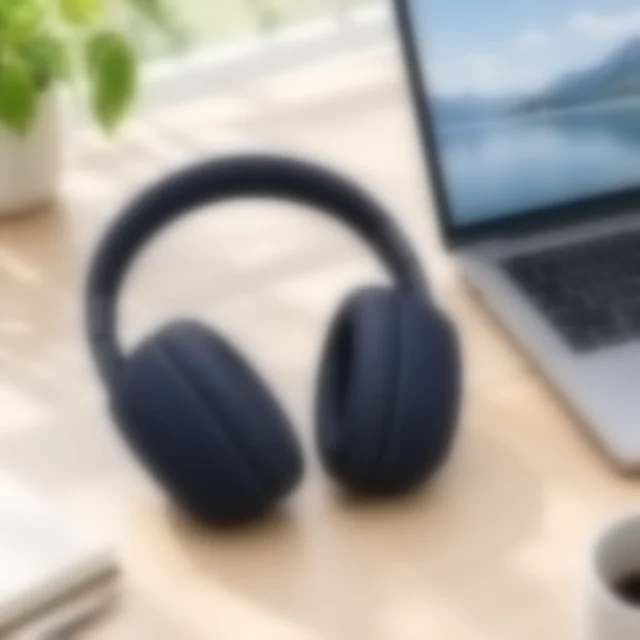 Dark navy over-ear headphones and an unbranded laptop softened by blur so their details are hard to inspect.