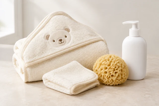 Cream hooded towel, washcloth, sponge, and plain pump bottle arranged as a baby bath set.