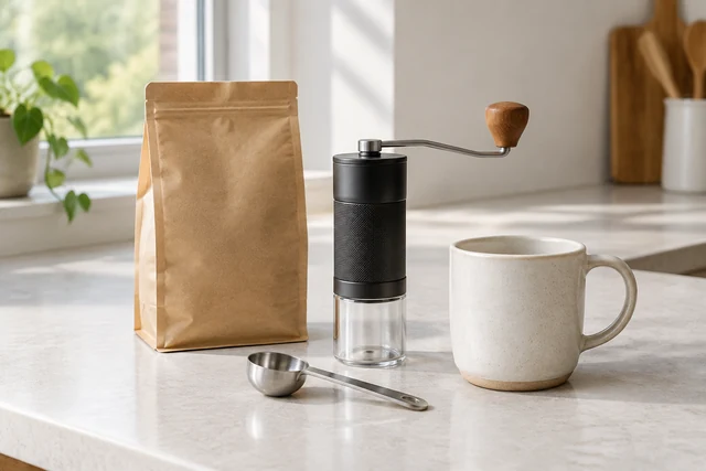 Coffee beans, a burr grinder, ceramic mug, and scoop arranged as a kit.