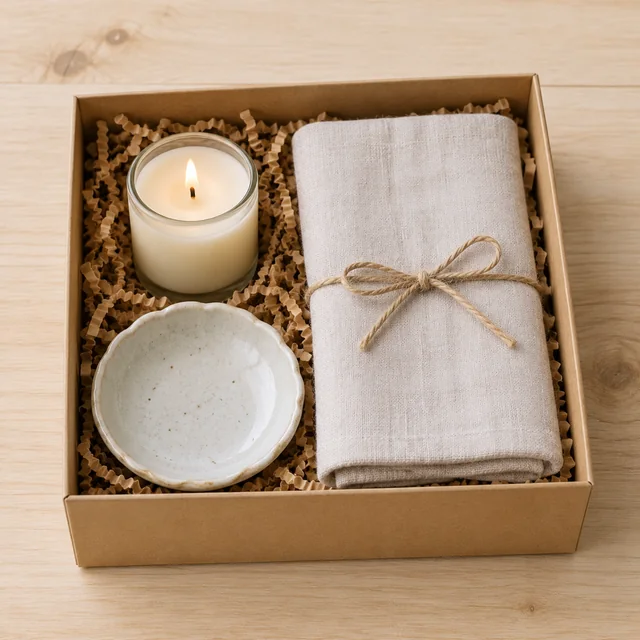 Small candle, folded linen, and ceramic dish arranged in an open gift box.