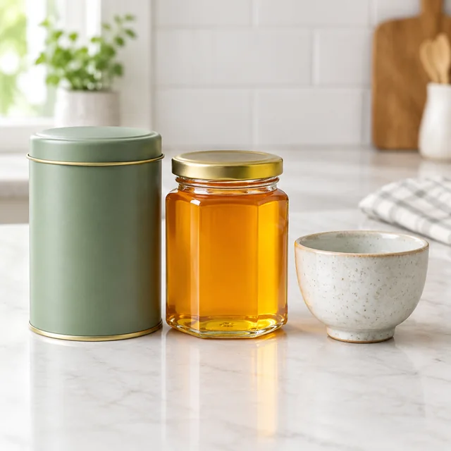 Tea tin, honey jar, and ceramic cup arranged together on a kitchen counter.