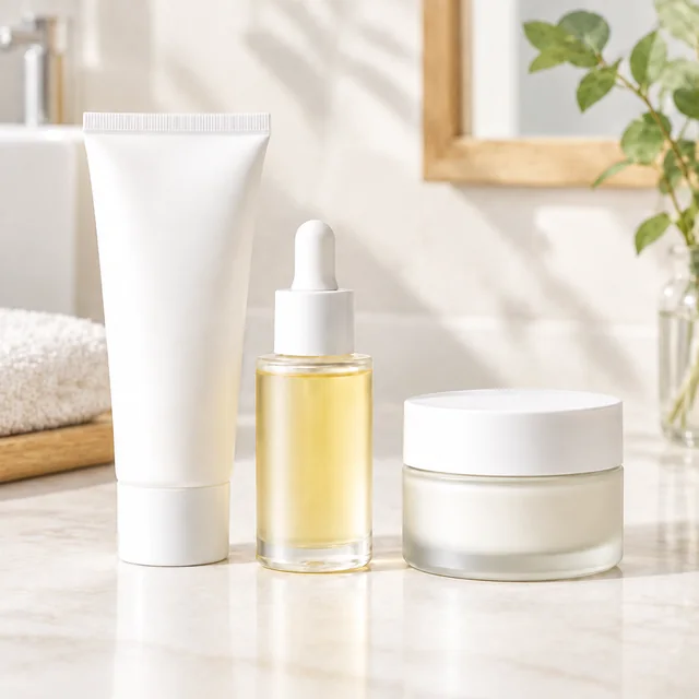 The same white cleanser tube, amber dropper bottle, and white cream jar arranged as a three-piece skincare set on a light counter.