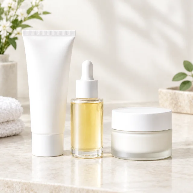 The same white cleanser tube, amber serum dropper bottle, and cream jar arranged together on a pale stone vanity.