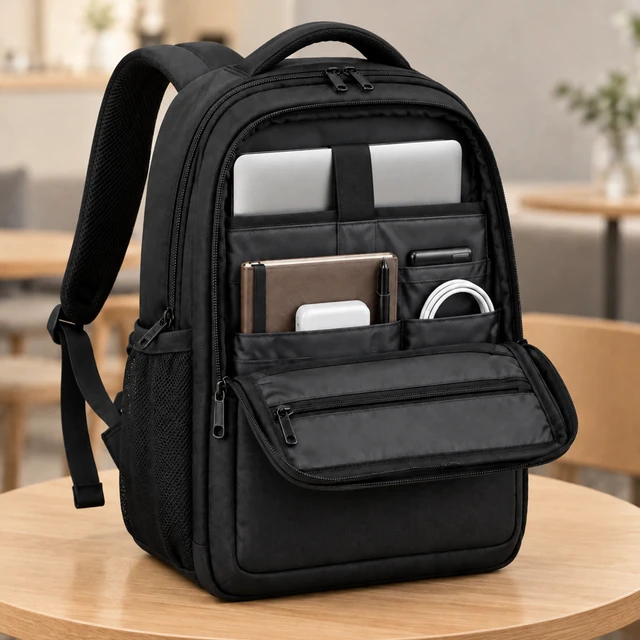 Black commuter backpack opened on a clean cafe table with its laptop sleeve facing the camera.