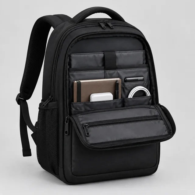 Black commuter backpack with its front organizer compartment open and travel items inside.