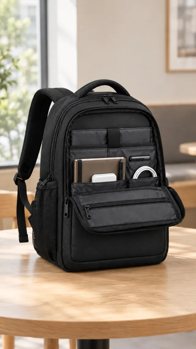 Plain black commuter backpack open on a cafe table in a vertical video frame.