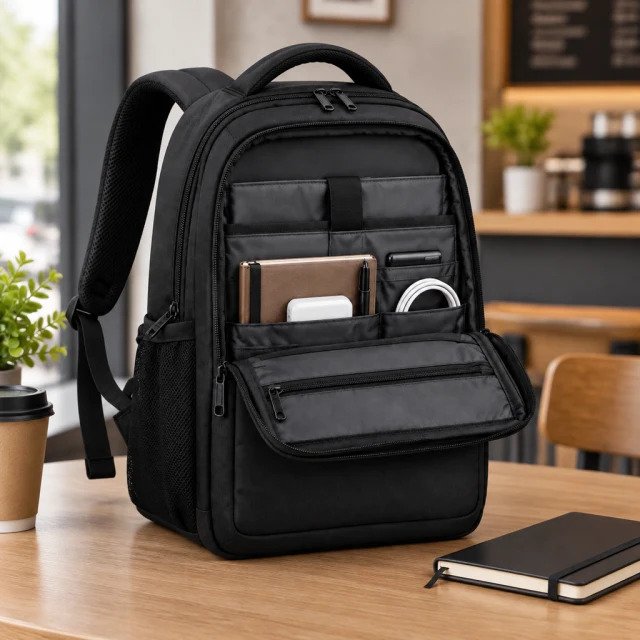Same black commuter backpack from the product photo, open on a cafe table with its organizer pockets and notebook visible.