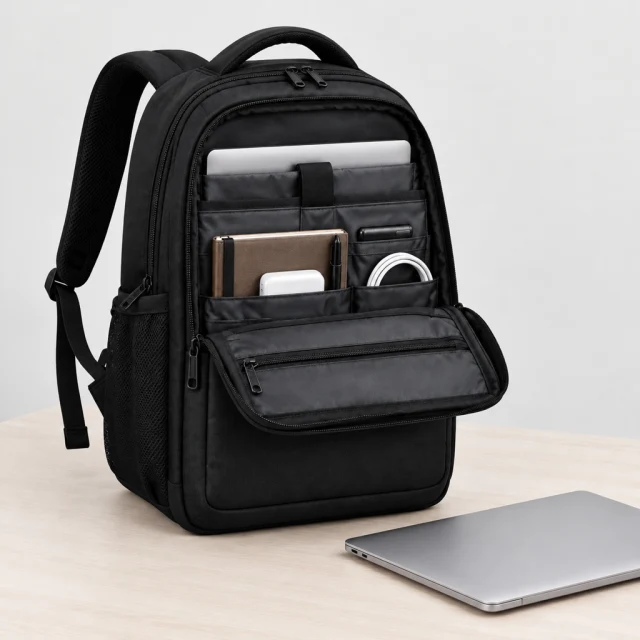 The same black commuter backpack open on a pale desk with its laptop sleeve and a plain laptop visible.