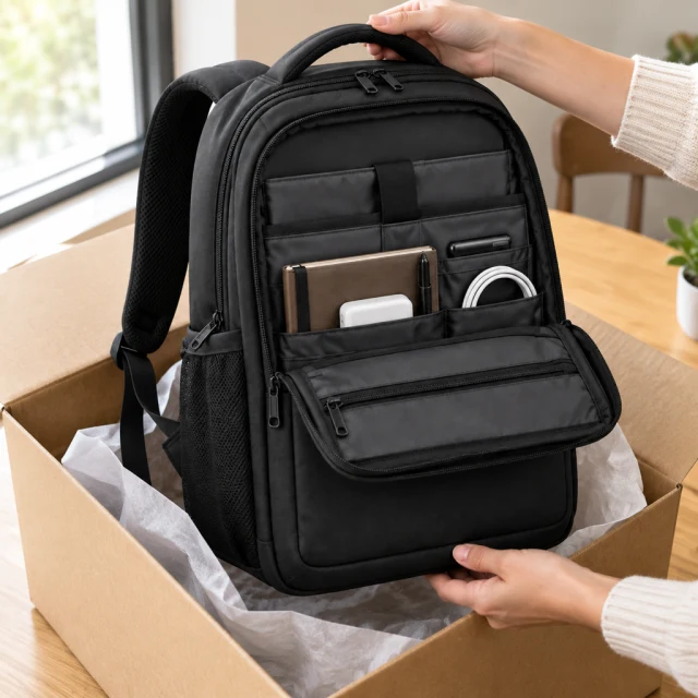 Open cardboard packaging with the same black commuter backpack from the product photo, shown by hands during an unboxing.