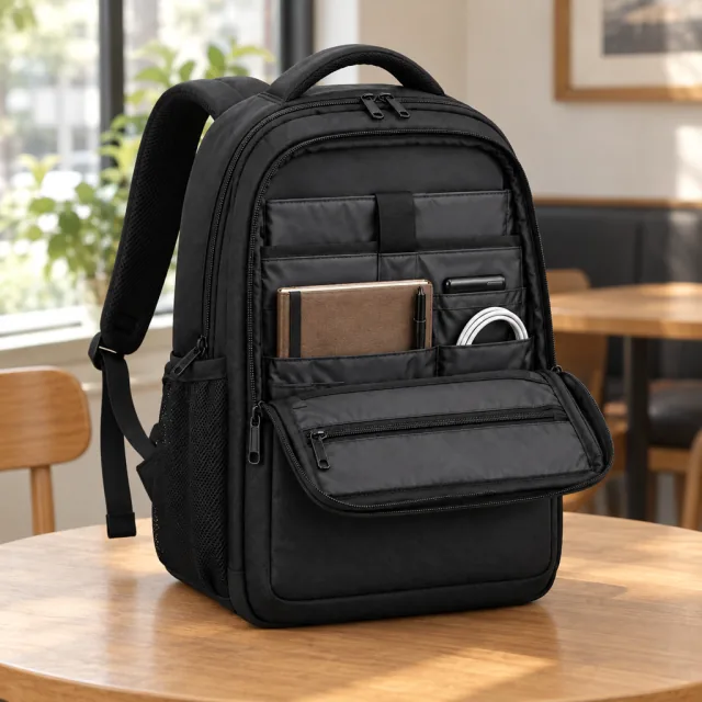 Plain black commuter backpack with its organizer open in a square video frame.