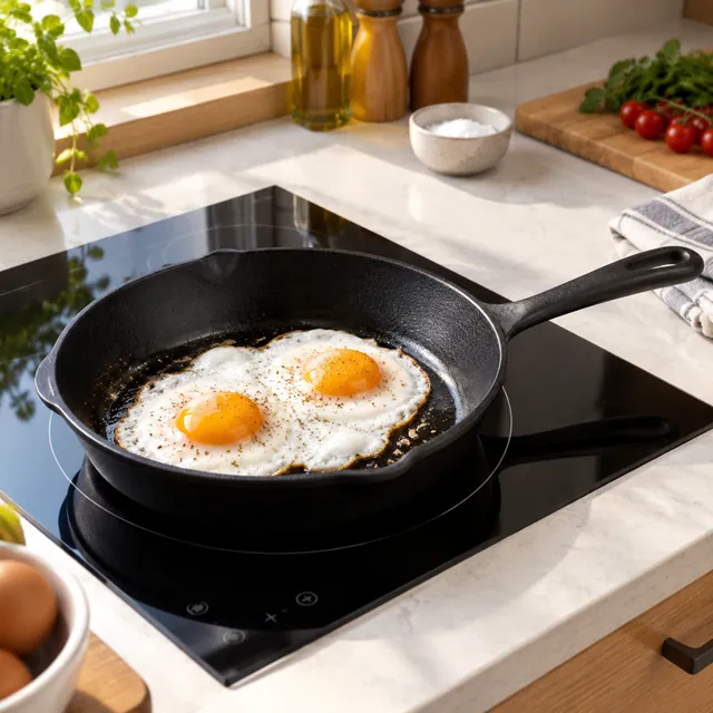 Plain black cast-iron skillet with two eggs on an induction cooktop; single smooth handle with no maker marks or lettering.