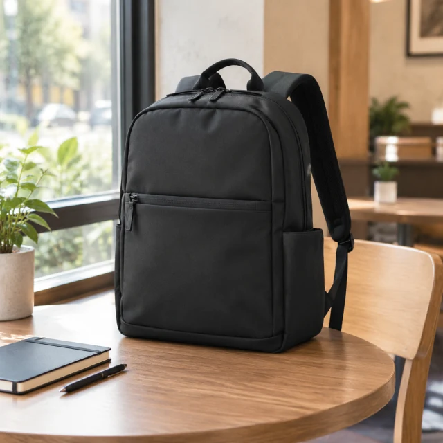 Black commuter backpack on a cafe table beside a notebook, photographed in soft window light.