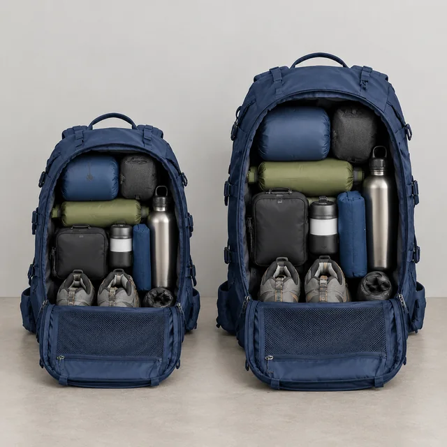 Two packed backpacks of different sizes shown side by side.