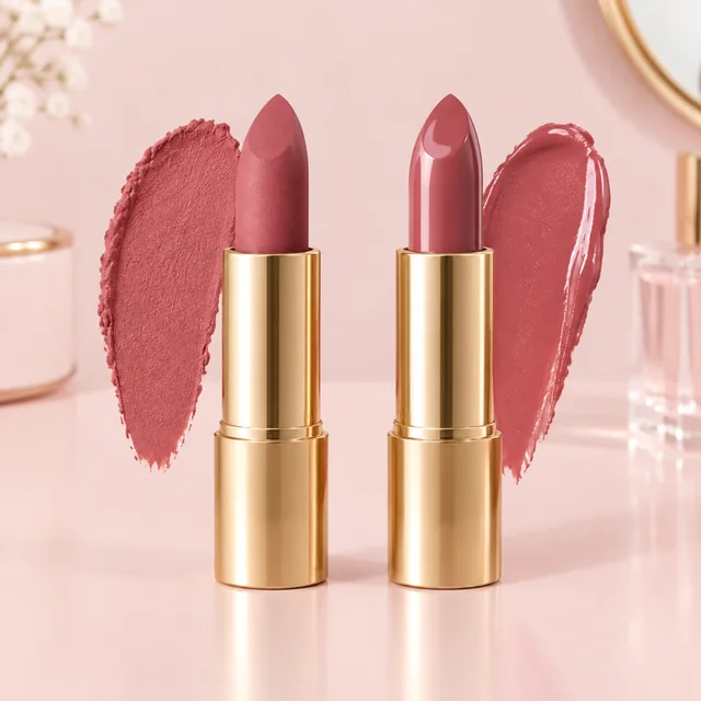 Matte and glossy rose lipstick finishes shown side by side.