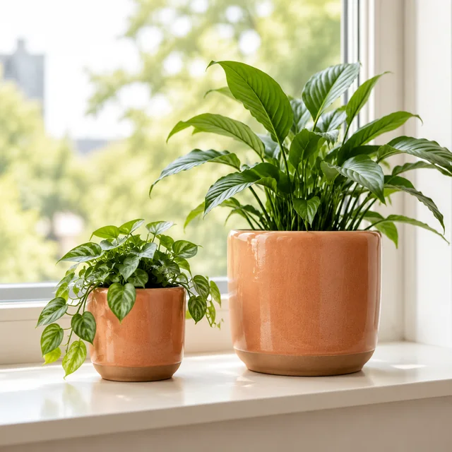 Small and large terracotta planters arranged on a windowsill.