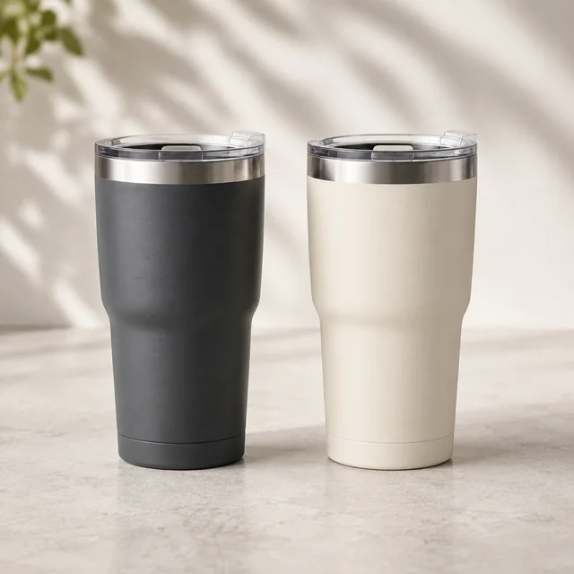 Charcoal and cream insulated tumblers standing side by side.