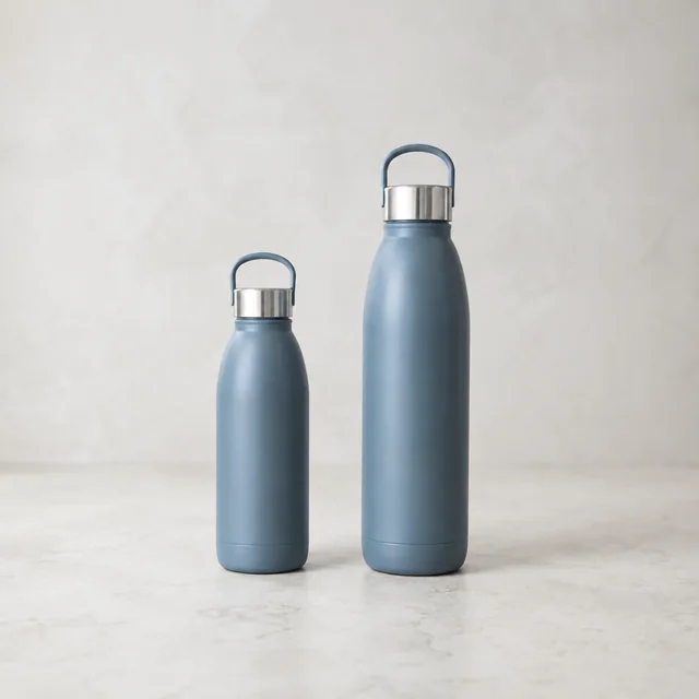 Small and large stainless bottles standing side by side on a neutral surface.