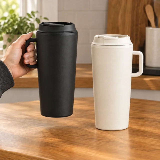 Matte black and cream insulated tumblers shown together on a kitchen counter.