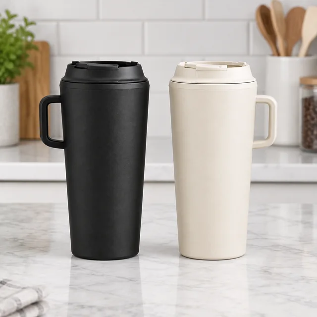 Matte black and cream insulated tumblers standing side by side on a kitchen counter.