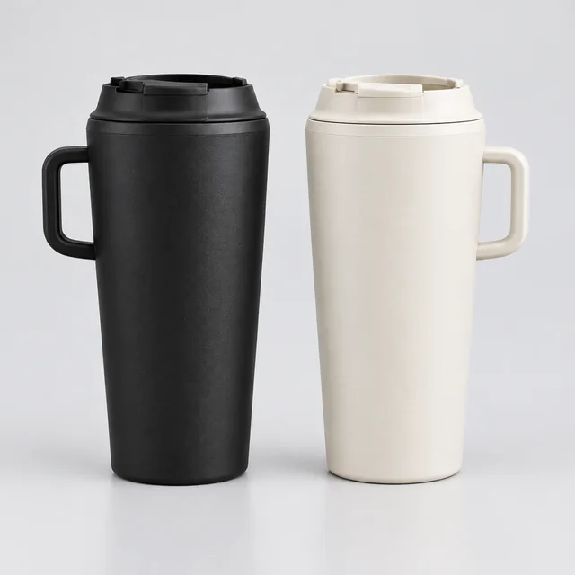 Matte black and cream insulated tumblers standing side by side on a pale studio surface.
