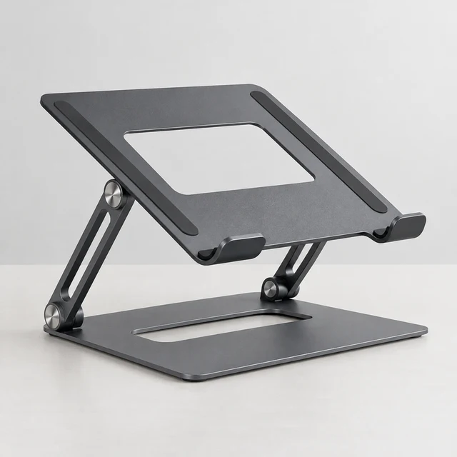Unbranded charcoal aluminum laptop stand with a visible adjustable side hinge and open support arms on a pale studio desk.