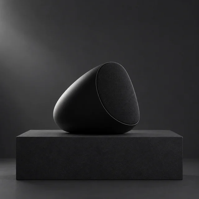 Compact black speaker photographed alone on a dark display plinth.