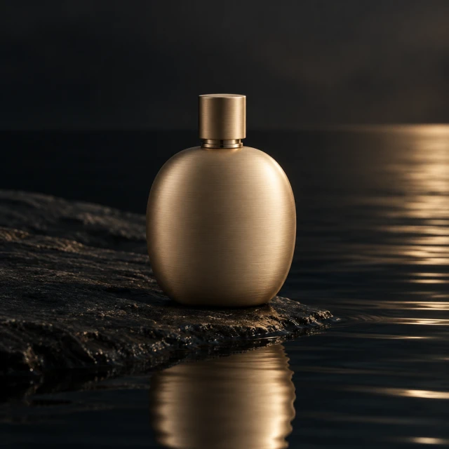 Rounded pale-bronze aluminum fragrance atomizer beside dark water; fully opaque with no label, logo, or lettering.